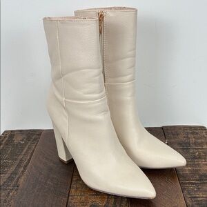 Lulu's Women’s 7 Chic Cream Heeled Calf Boots Faux Leather Block Heel Pointed